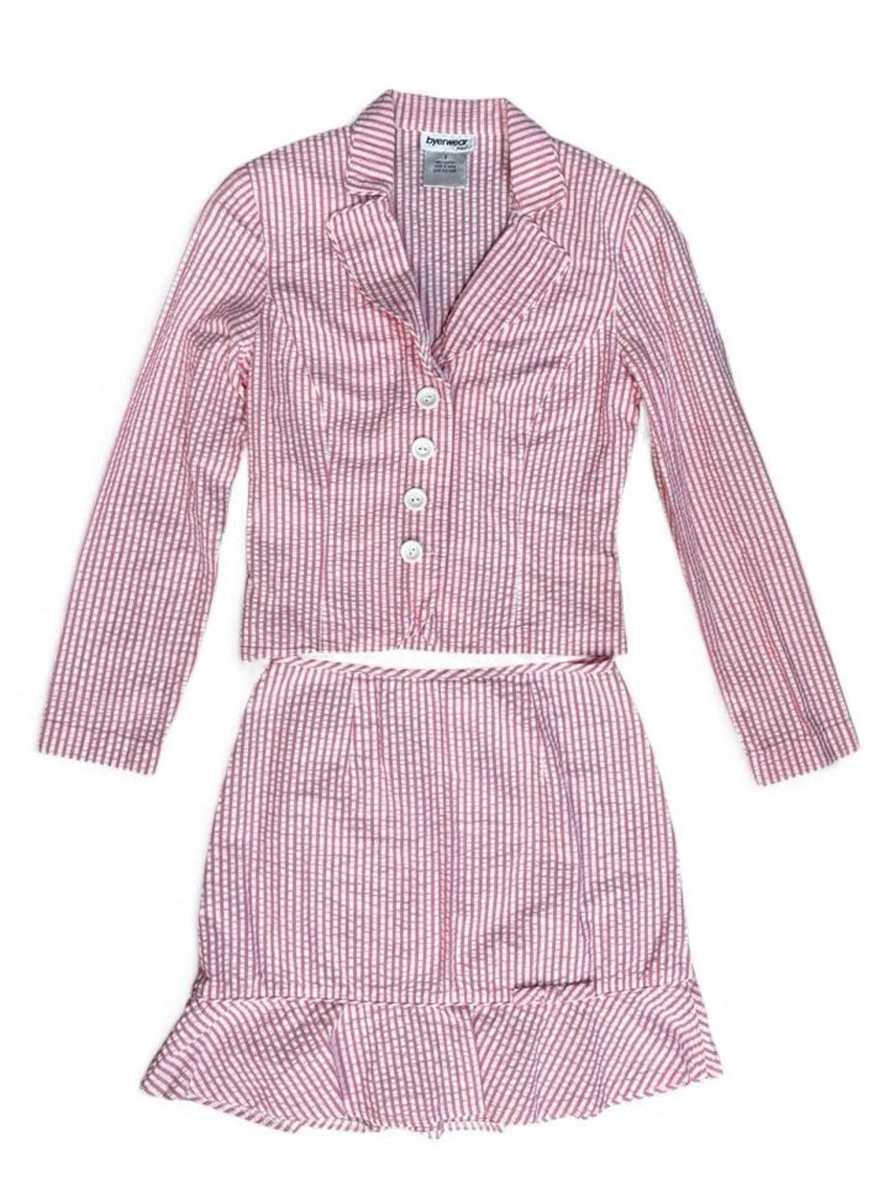 Vtg Y2K Byerwear Too Pink White Stripe Seersucker 2 Piece Skirt Suit Set Sz 3